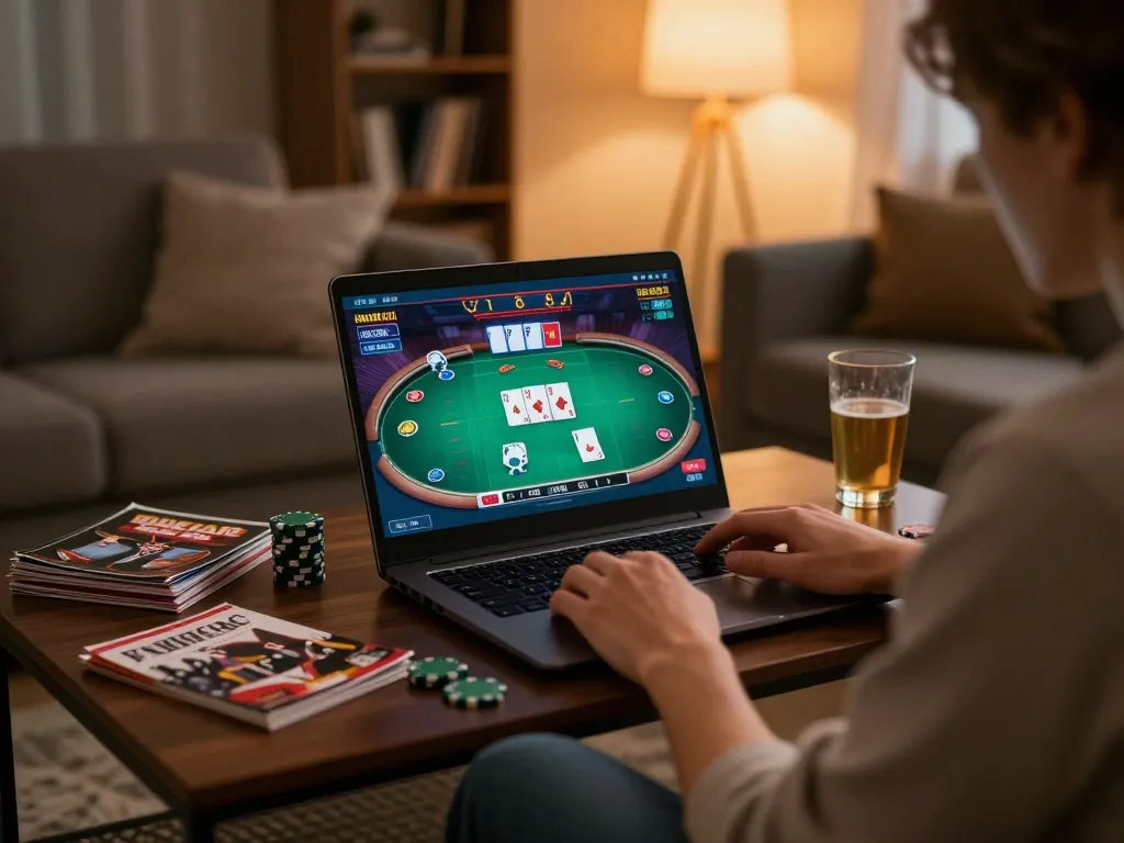 Player engaging in online poker at home using EV999 platform on laptop, surrounded by cozy decor and strategy notes.