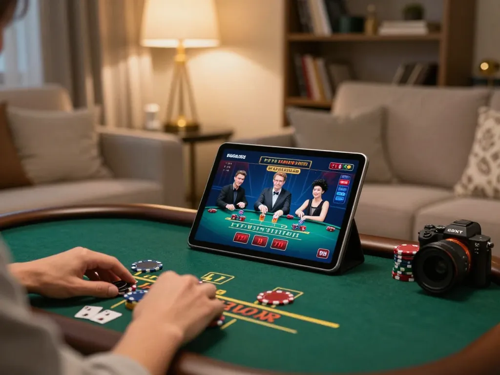 open88 nhà cái players engaging in live dealer blackjack at home in a stylish setting