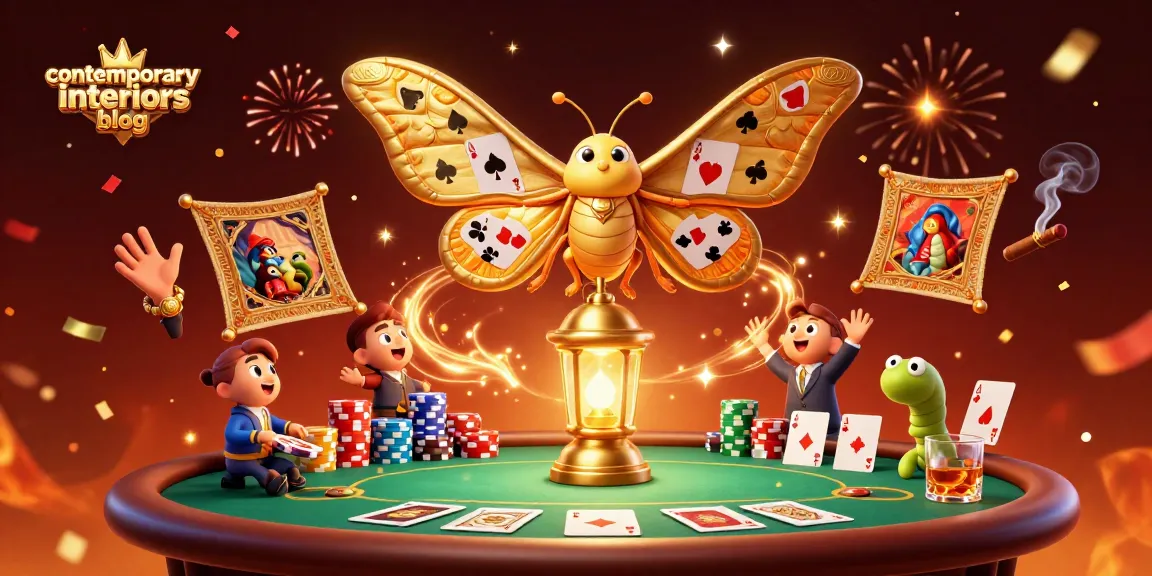Engage with the contemporary interiors blog as an atlas moth spreads card suits in a vibrant casino scene.