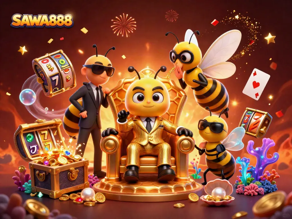 Feel the thrill with SAWA888 in this vibrant casino-themed 3D illustration showcasing celebratory elements.