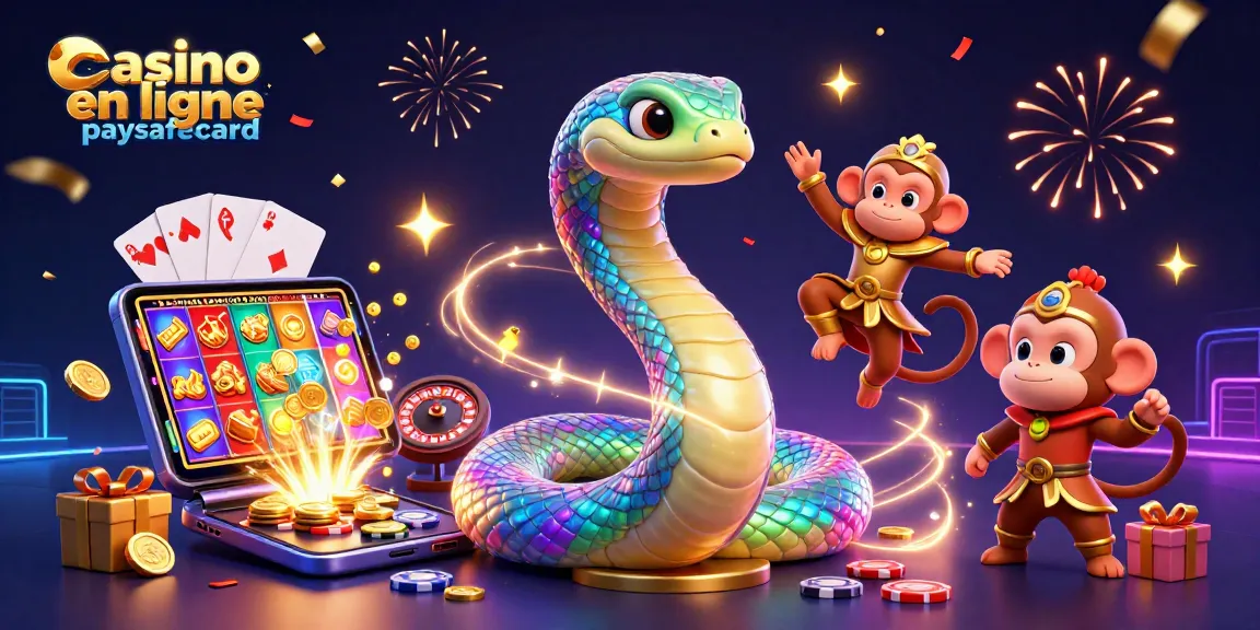 Faites l'expérience de l'excitation du casino en ligne paysafecard avec une illustration dynamique d'un serpent arc-en-ciel et un roi singe.