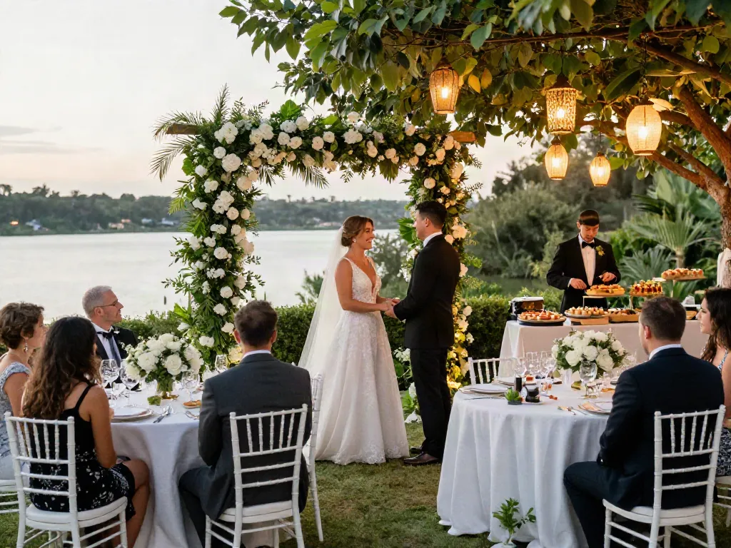 Event rental ksa features an elegant outdoor wedding with stunning floral arrangements and laughing couple.