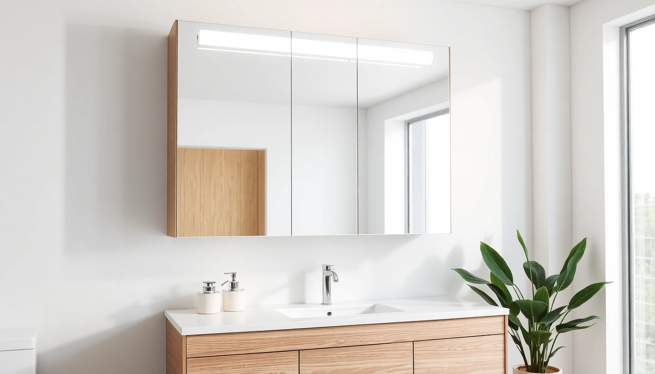 Showcasing a stylish mirrored bathroom cabinet with light in a contemporary setting