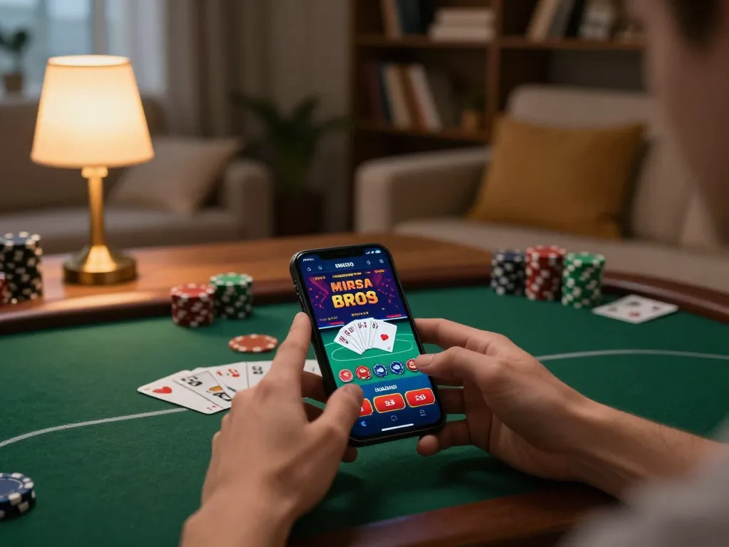 Engaging in online poker through a smartphone app while exploring c168 casino options in a cozy living room