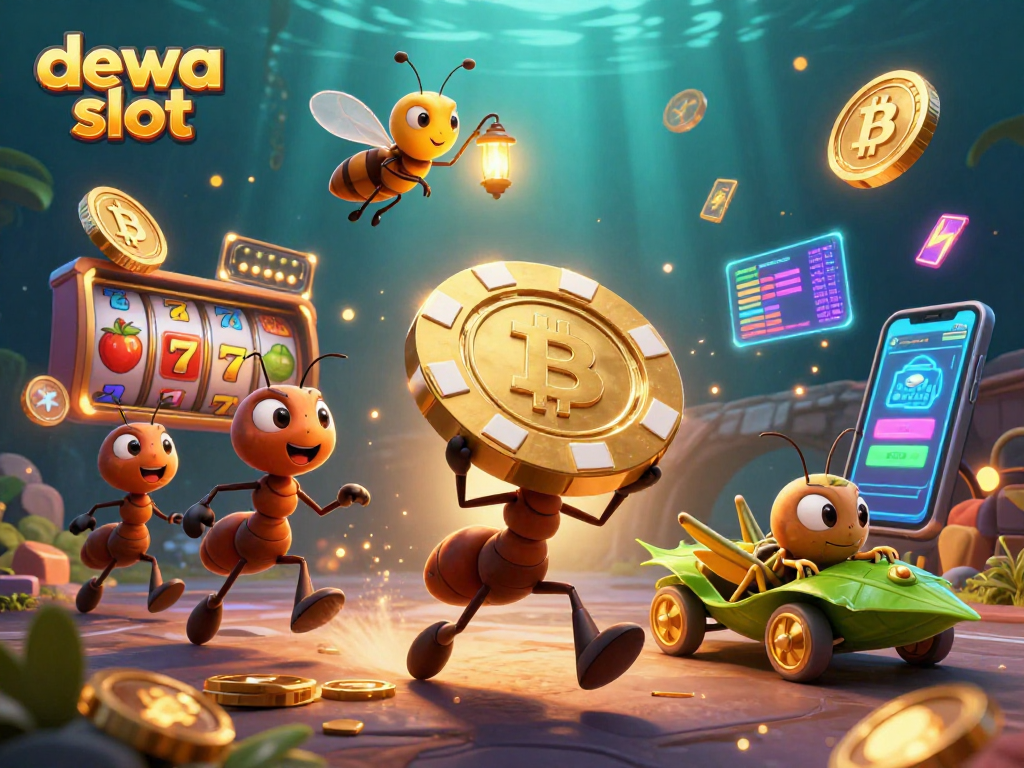 Geng Semut Dewa Slot Mencuri Chip Poker Emas Raksasa Sambil Dikelilingi Simbol Mesin Slot