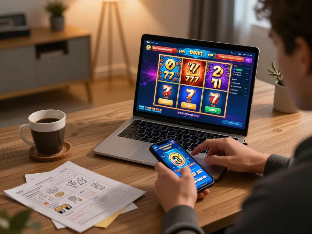 Engaging in slot777 gaming on multiple devices in a cozy home setup.