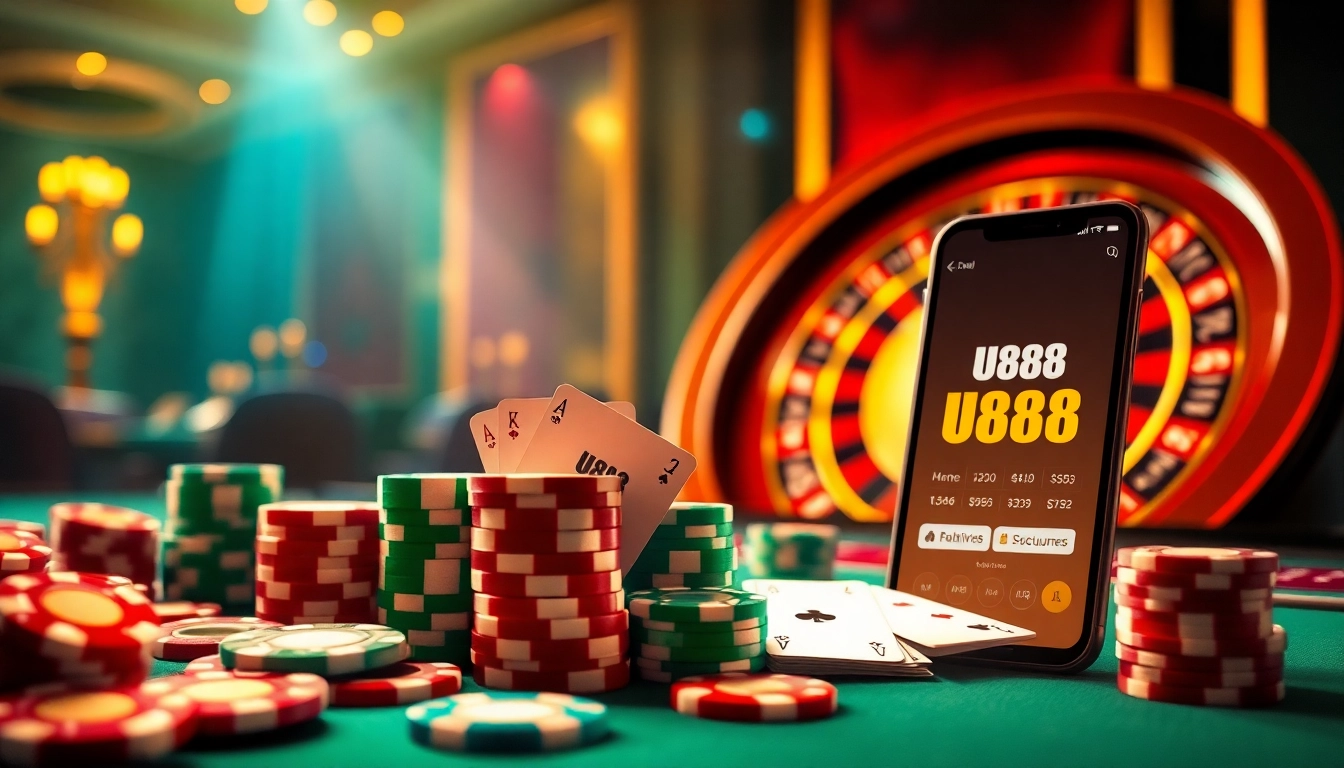 U888 logo prominently displayed on a luxurious casino table filled with poker chips and cards.