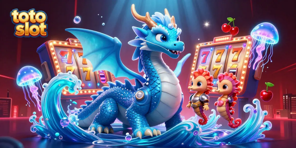 Engage with the thrilling toto slot experience featuring a water dragon, seahorse knight, and vibrant slot elements.