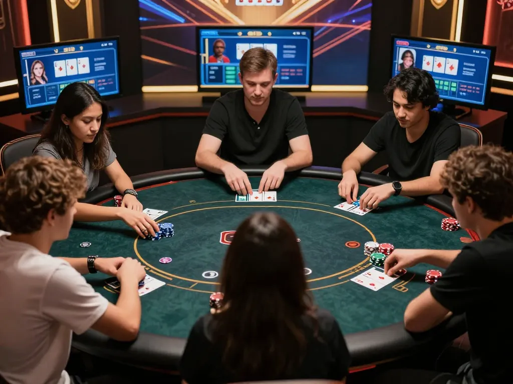 Players engage in an exciting online poker game at 888top, showcasing cards and chips in a dynamic atmosphere.
