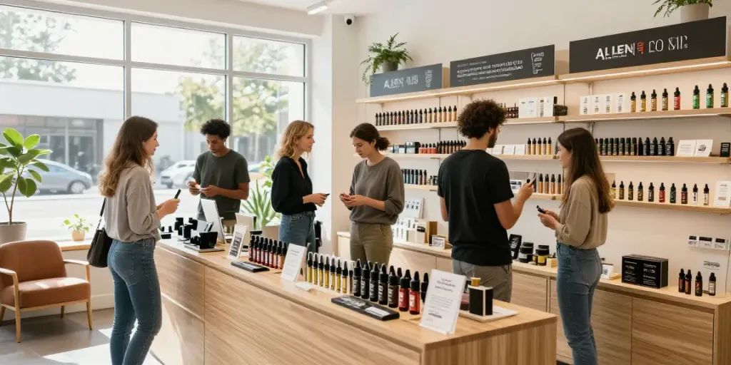 Showcasing Alien Labs cured resin products in a modern cannabis vape shop setting.