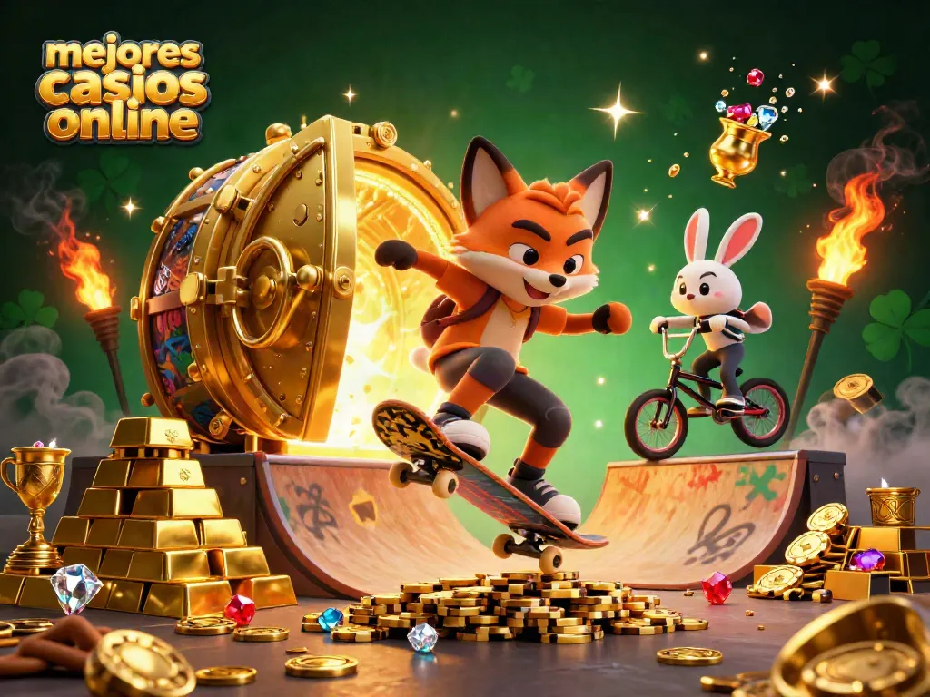 Disfruta de los mejores casinos online mientras juegan juntos un zorro patinador y un conejo BMX.