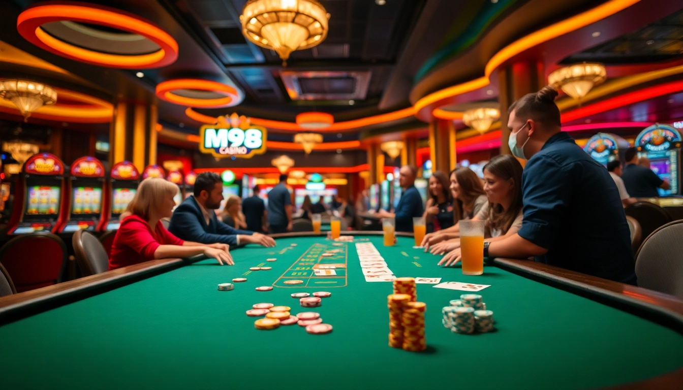ชิปและการ์ดที่สดใสที่โต๊ะ M98 Casino พร้อมผู้เล่นที่รวมกัน