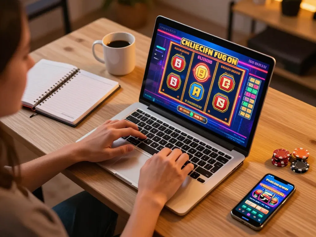 Engaged player enjoying situs gacor gaming session on a laptop with vibrant slot visuals.