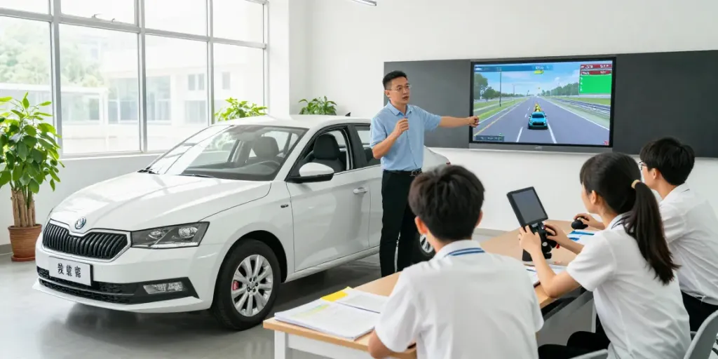 Driving school training session with Skoda Fabia focusing on scoala auto pret in 2026.
