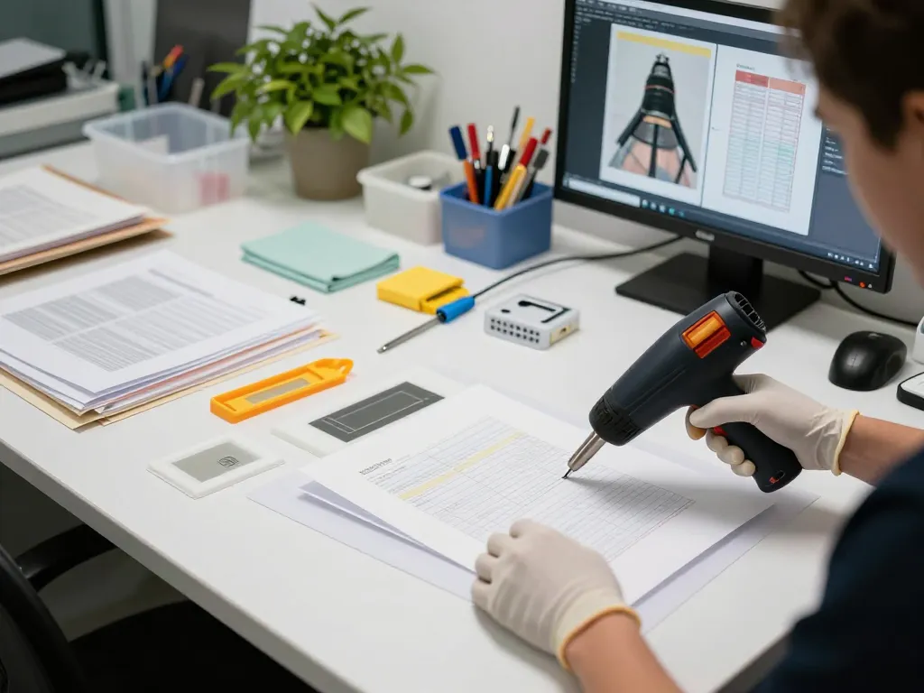 Expert technician performing bóc plastic on laminated documents in a bright workshop.