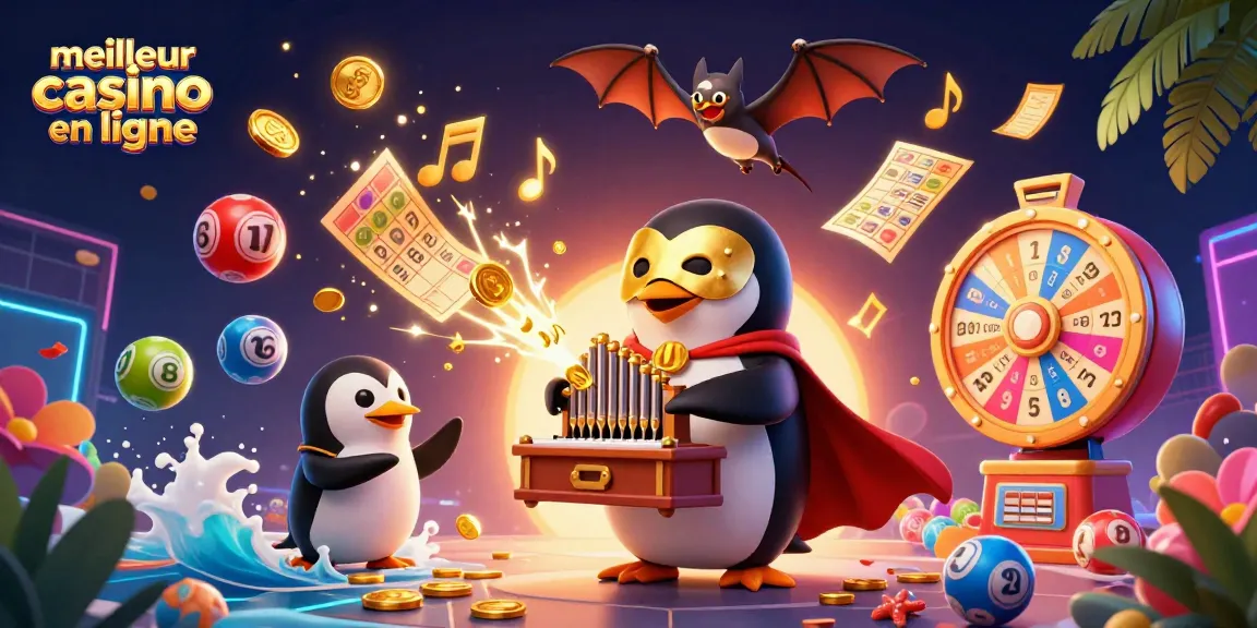 Le meilleur casino en ligne avec un pingouin jouant de l'orgue et de la pluie d'argent, dynamique et coloré.