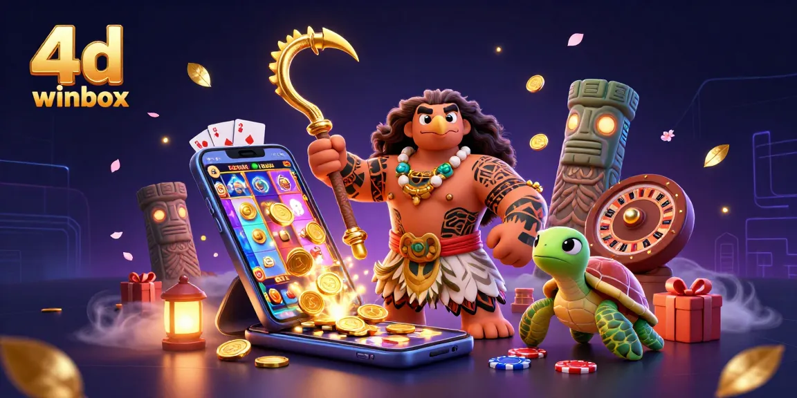 Experience the excitement of 4D Winbox with vibrant casino elements and engaging characters in this 3D illustration.