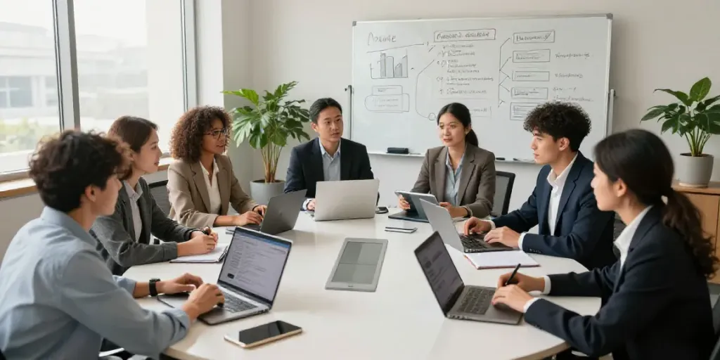Team collaborating on strategies for AI written content in a modern office.