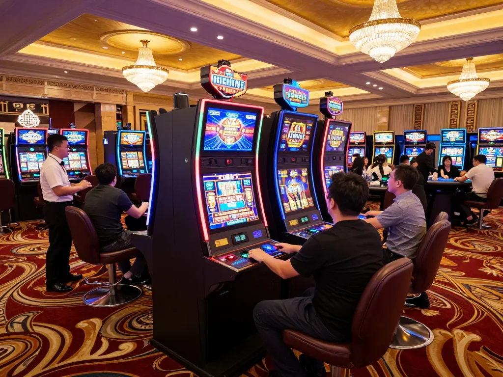 The vibrant casino scene showcases tb88 trang chủ as players enjoy slot machines with excitement.