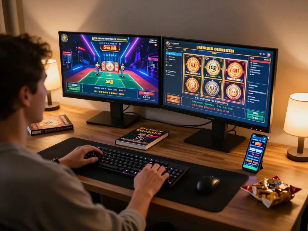 Player engaging in F168 online gaming with live dealer and slot games displayed on dual monitors