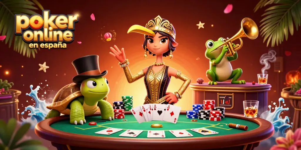 Gana en poker online en España con esta escena dinámica de personajes y fichas