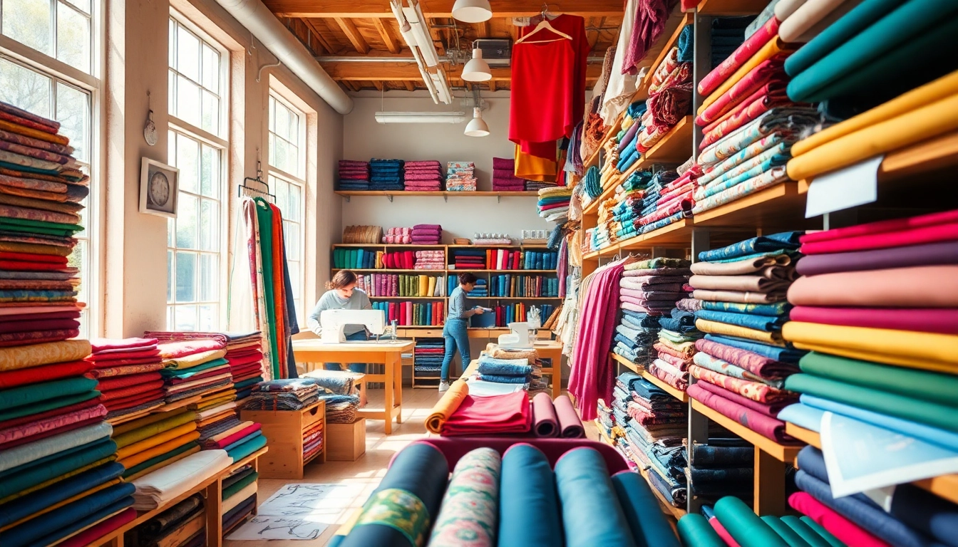 Stoffen online shoppen met een kleurrijke fabricage in een levendige winkel
