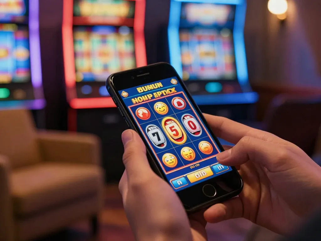 Player spinning slot bonus reels on smartphone, showcasing engaging online gambling experience.