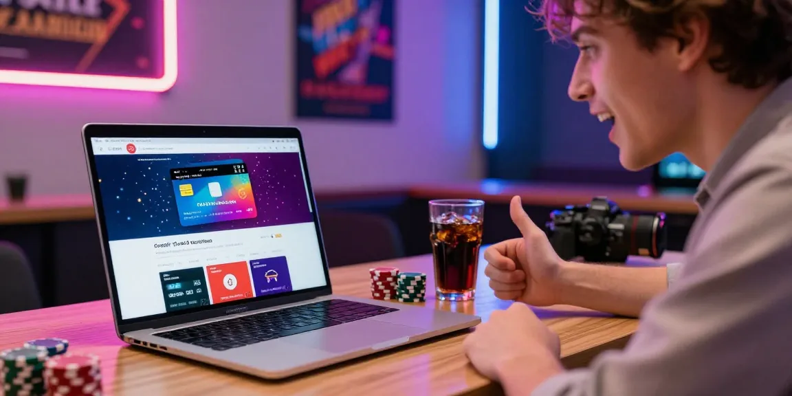 Exciting atmosphere at credit card casinos with a player enjoying online gaming on a laptop, vibrant decorations, and neon lights.