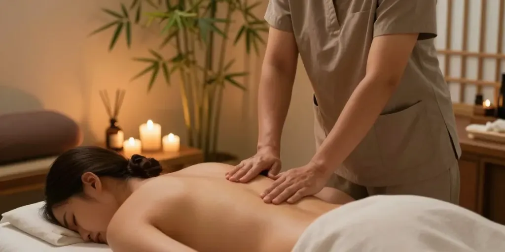 Comforting scene of 연신내출장마사지 service in a serene home setting, practitioner providing relaxation.