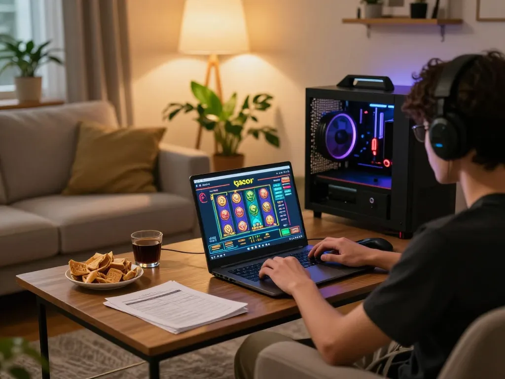 Pemain terlibat dalam permainan slot gacor di laptop, suasana rumah yang nyaman meningkatkan pengalaman berjudi online.
