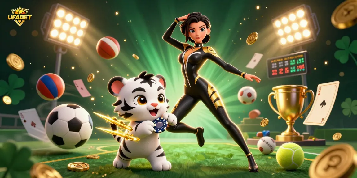Experience thrilling betting with UFABET, featuring a dazzling scene with characters and sports elements.