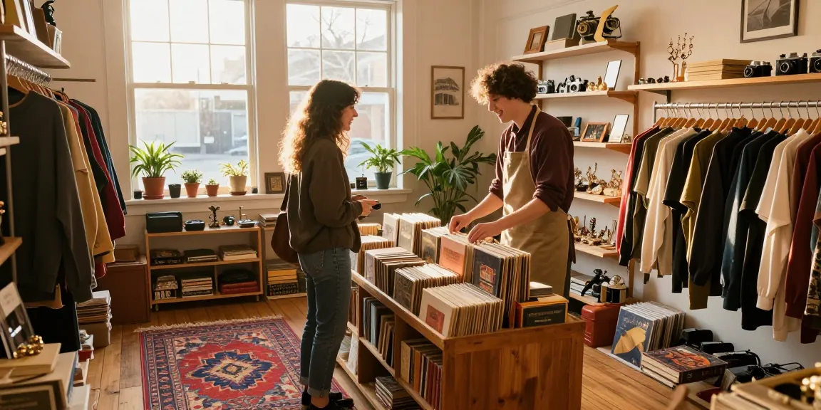 Thrift shop scene featuring cozy atmosphere with unique finds and warm light, engaging community experience.