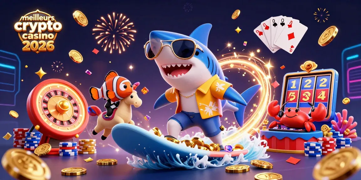 Illustration dynamique représentant les meilleurs crypto casino 2026 avec des personnages ludiques en action.