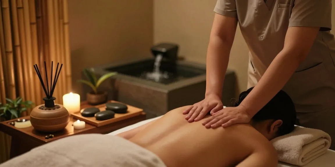 A therapist performing 마사지 in a tranquil spa setting with soothing ambiance.