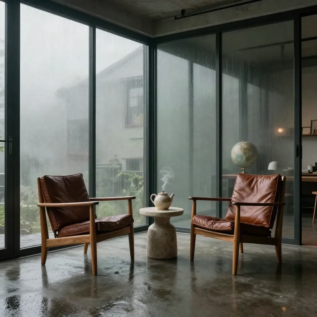 Rainy dawn loft nook with empty oak chairs, teapot, globe, and misty glass.