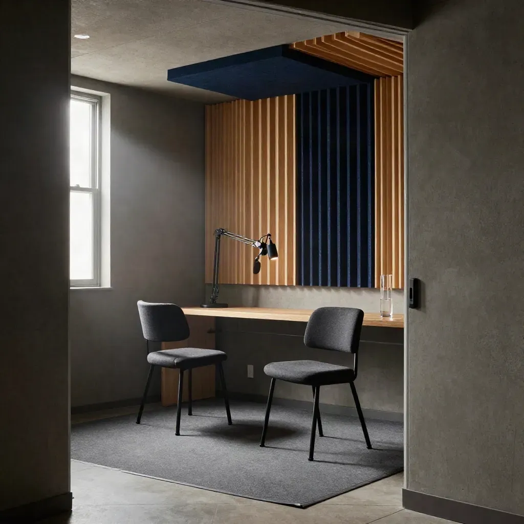Empty soundproof call room with two chairs, lit mic arm, acoustic panels, and a water carafe.