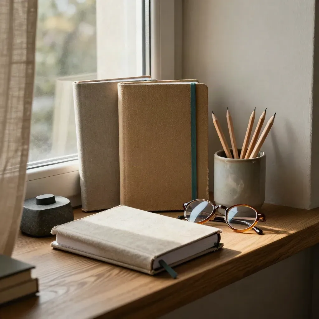 Cloth notebooks, glasses, and a stone paperweight on a sunlit windowsill for bilingual tutoring