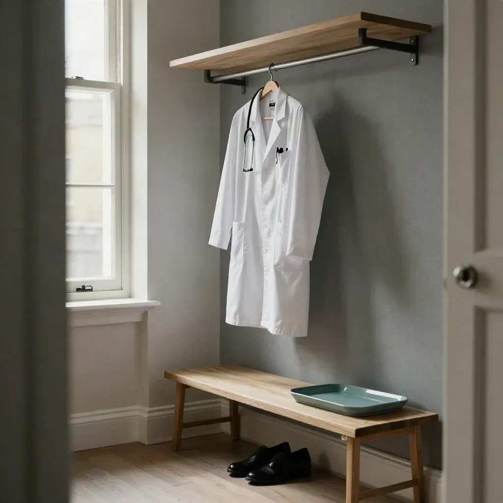 White clinic coat, stethoscope, and polished shoes on a rack in a sunlit London flat.