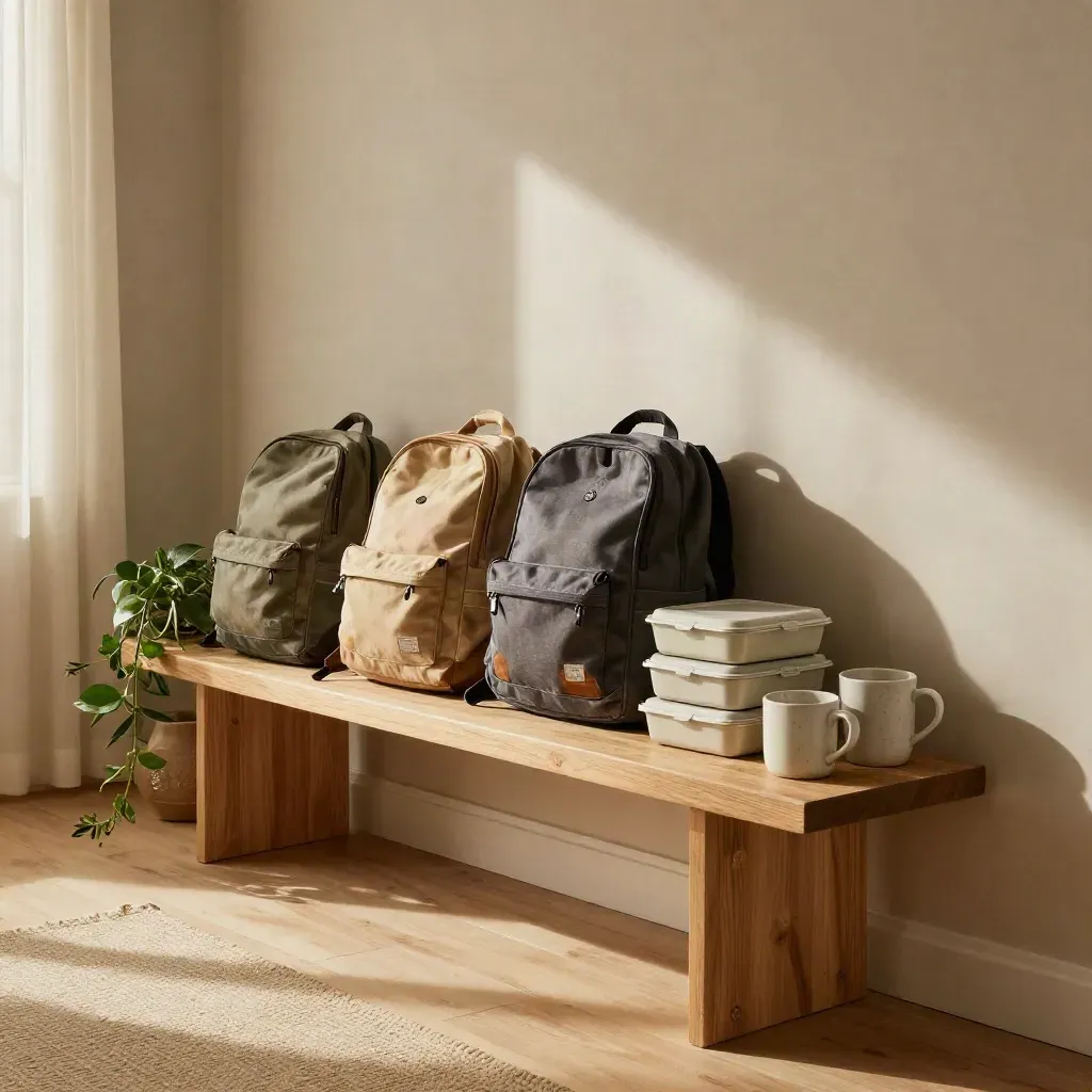 Unpacked entryway bench with school bags, lunch boxes, key bowl, plants and mugs