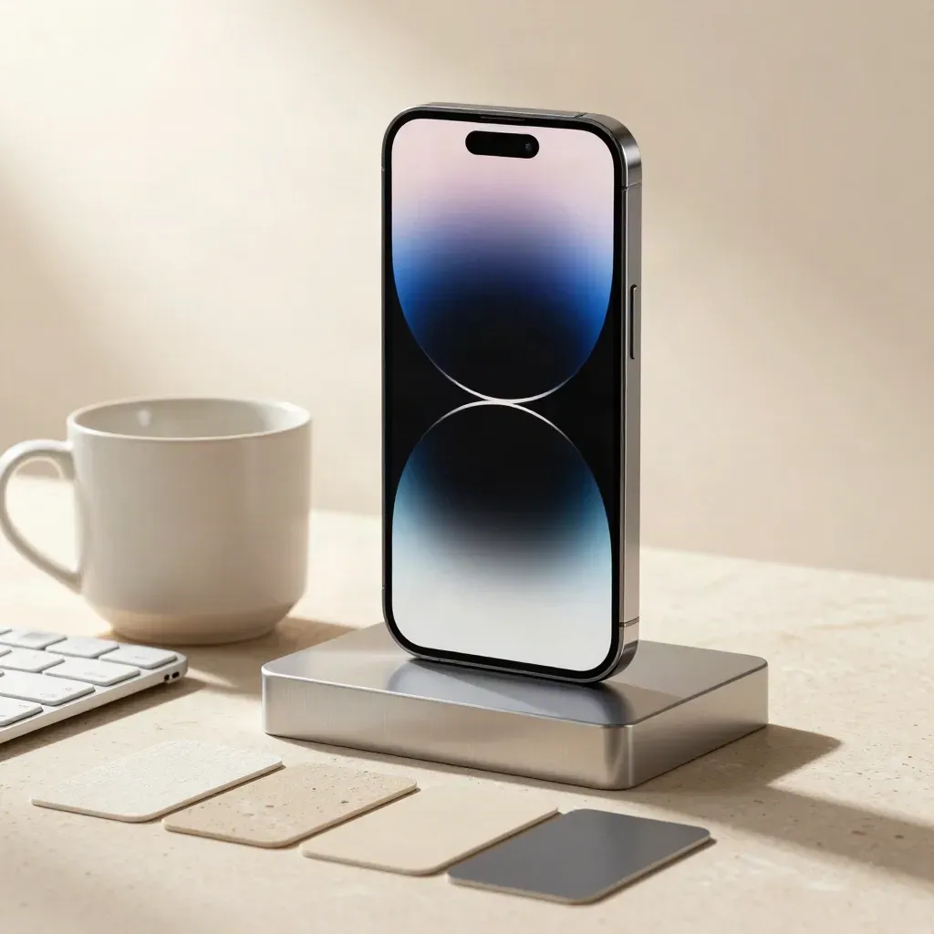 Launch-ready smartphone, tea mug, keyboard and swatches on a travertine pedestal.
