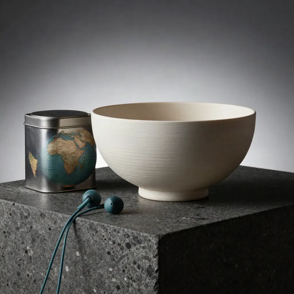 Ceramic bowl, tea tin, globe, and teal earphones on a dark stone plinth under dramatic studio light