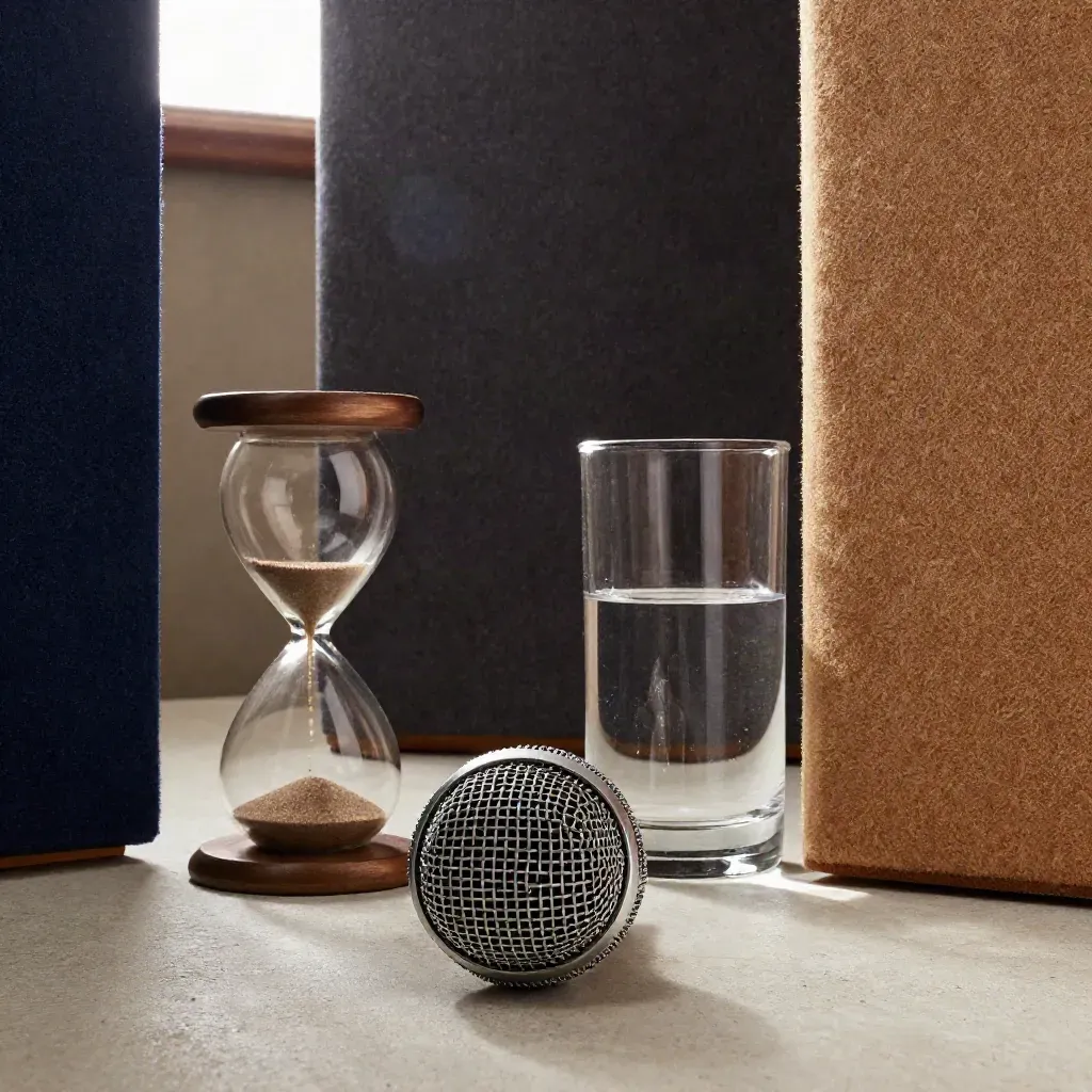 Macro of a mic, sand glass, carafe, and acoustic panels in a pitch room.