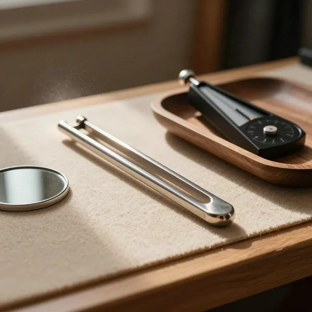 Macro still life of a tuning fork, mirror, and metronome wheel on a sand-toned practice ledge.