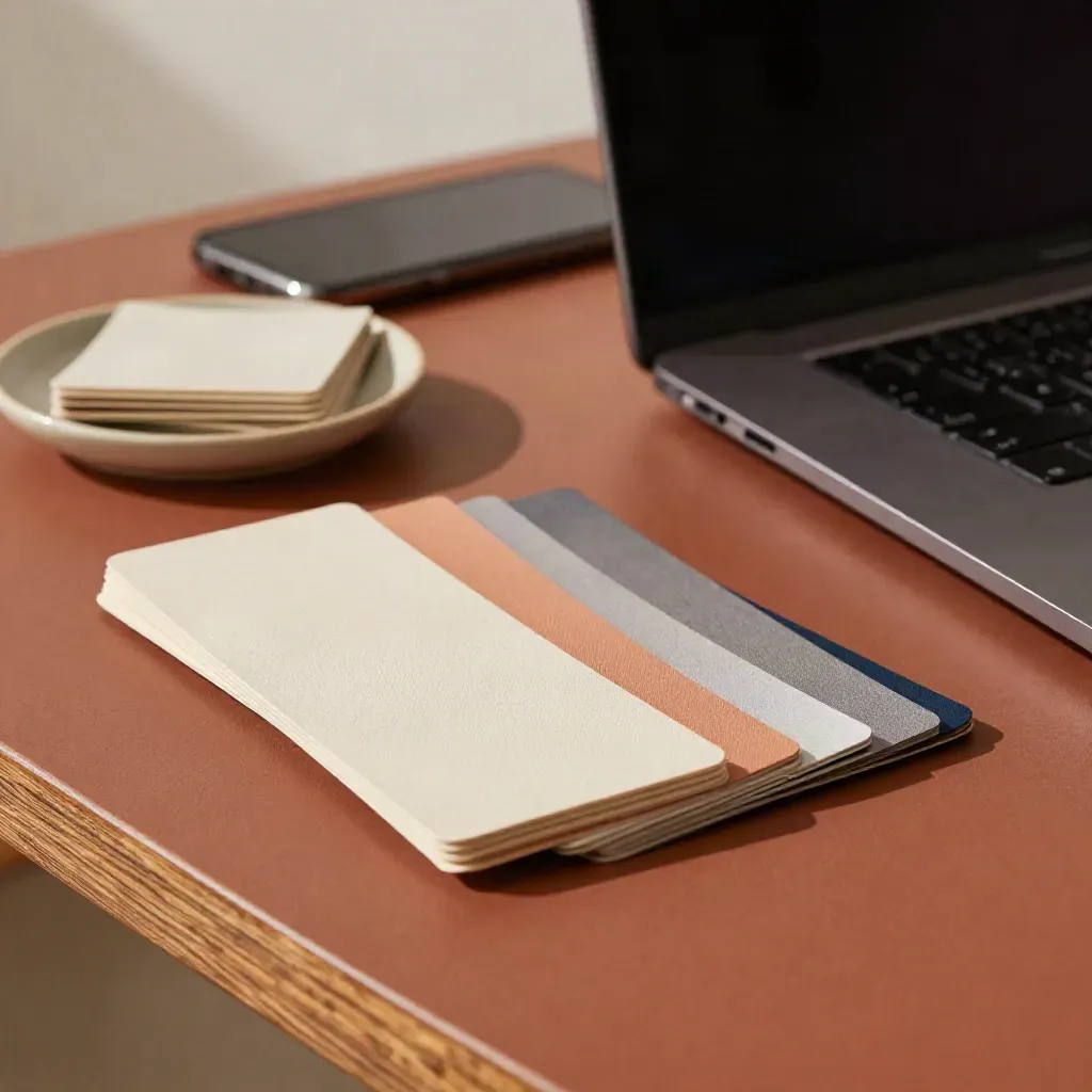 Closed laptop with swatch cards and a ceramic chip dish on a warm localization desk by window light