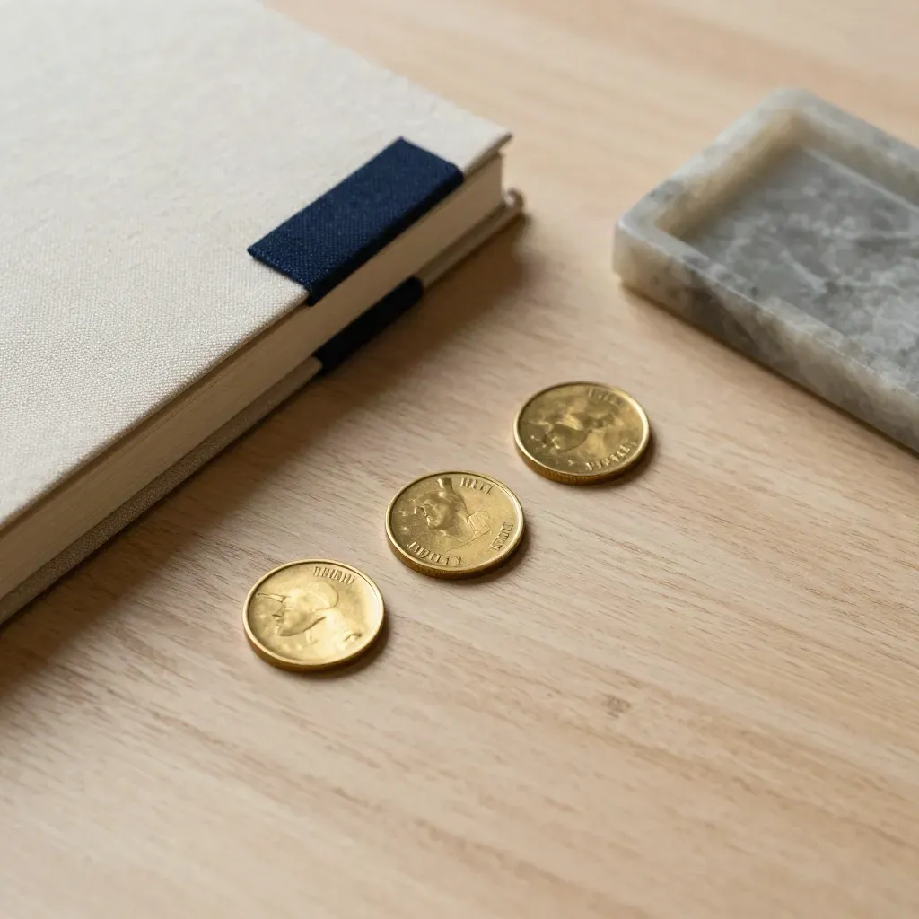 Brass choice tokens, closed linen notebook, and stone tray on pale oak, top-down