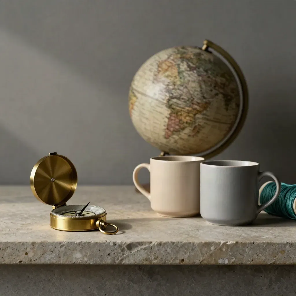 Brass compass, globe, two ceramic mugs and thread on a stone shelf in soft side light.