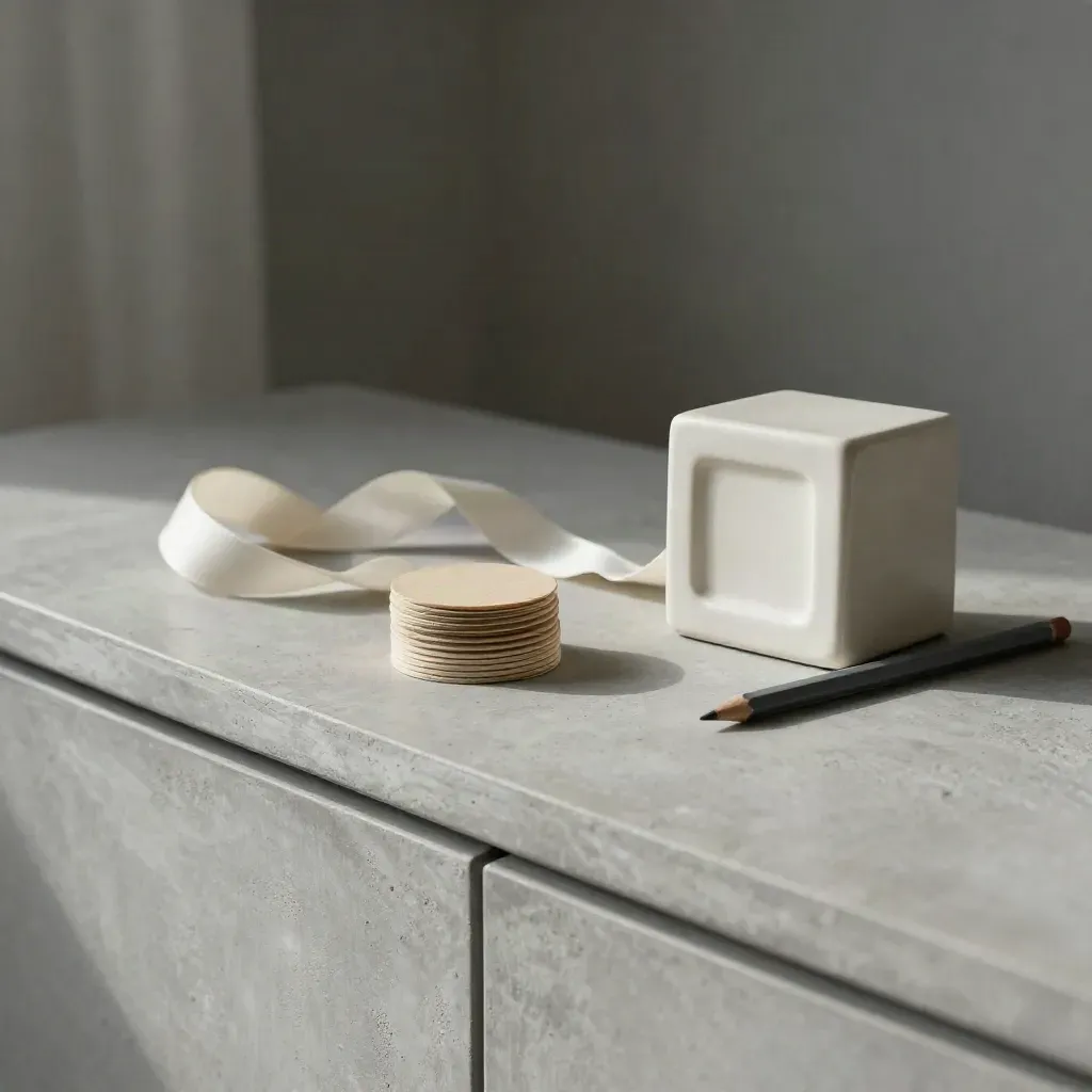 Looped ribbon around booking tokens, calendar cube and pencil on a pale plaster sideboard