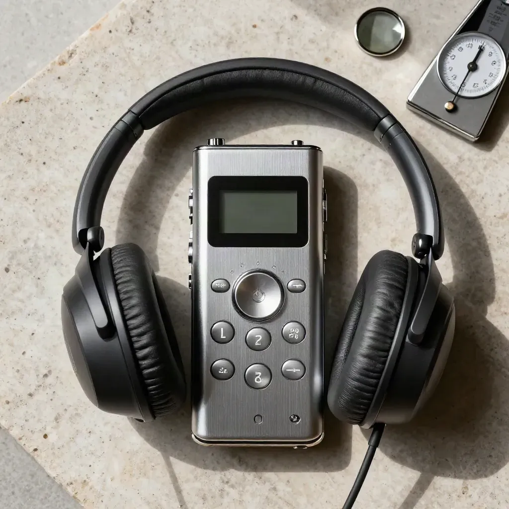 Overhead still life of recorder, headphones, mirror and metronome on pale limestone.