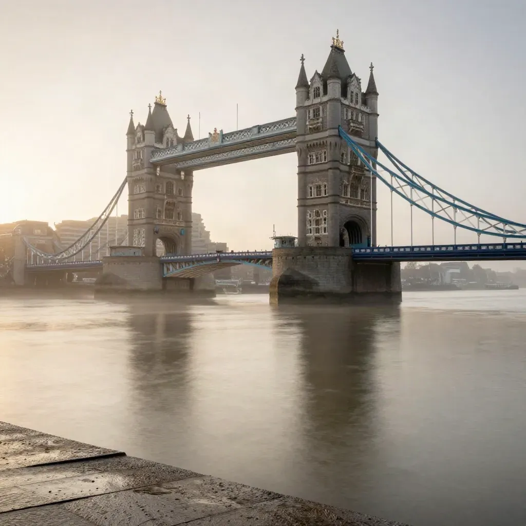Tower Bridge glows through dawn fog over a calm Thames, with open water and mist for copy.