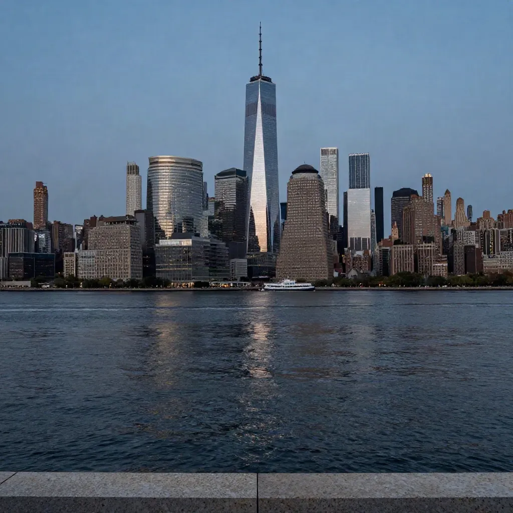 New York skyline at blue hour across calm East River water, with haze and glowing towers.